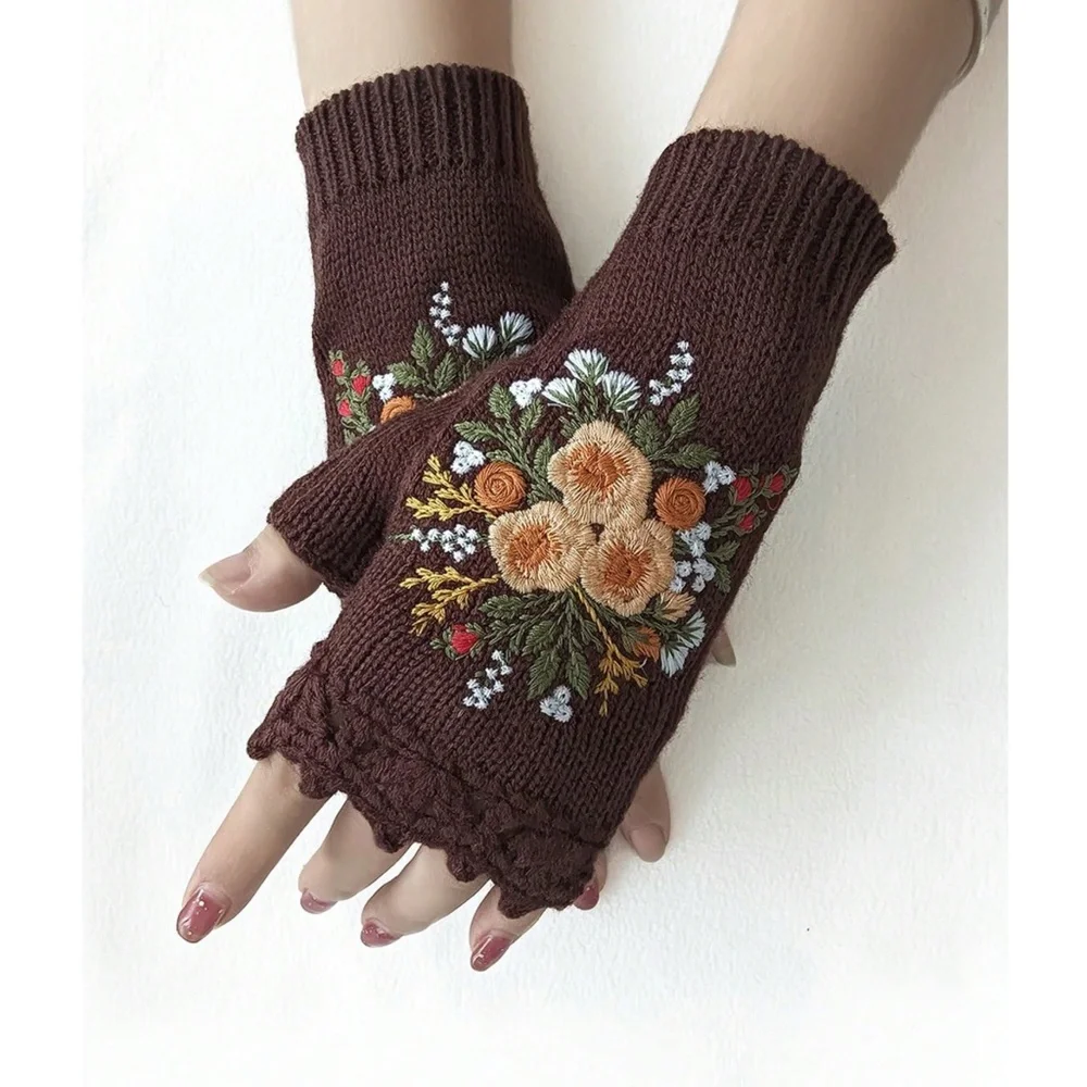 Cozy Floral Embroidered Fingerless Mittens